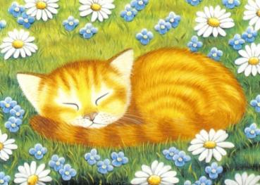 Postkarte Katze im Blumenbeet