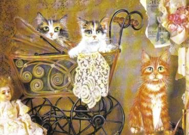 Postkarte Katzen im Puppenwagen