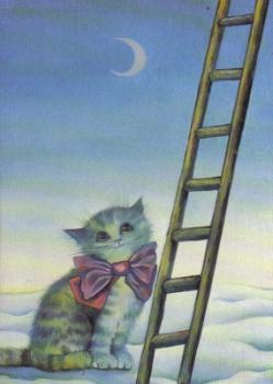 Postkarte Katze mit Leiter