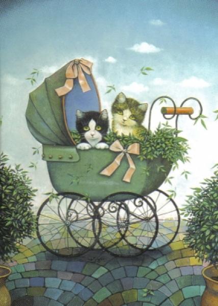 Postkarte Katzen im Kinderwagen