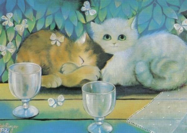 Postkarte Katzen am Fenster