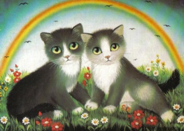 Postkarte Katzen unterm Regenbogen