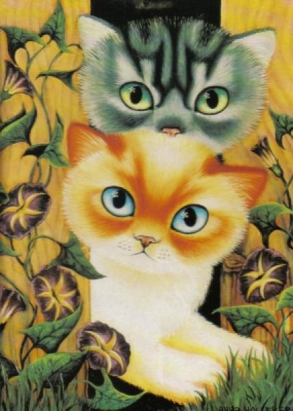 Postkarte Katzen am Gartenzaun