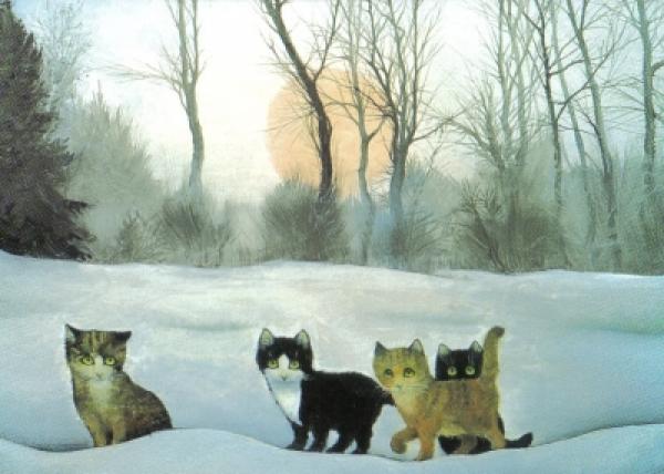 Postkarte Katzen in Winterlandschaft