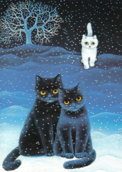 Postkarte Drei Katzen in der Winternacht