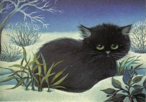 Postkarte Katze im winterlichen Garten